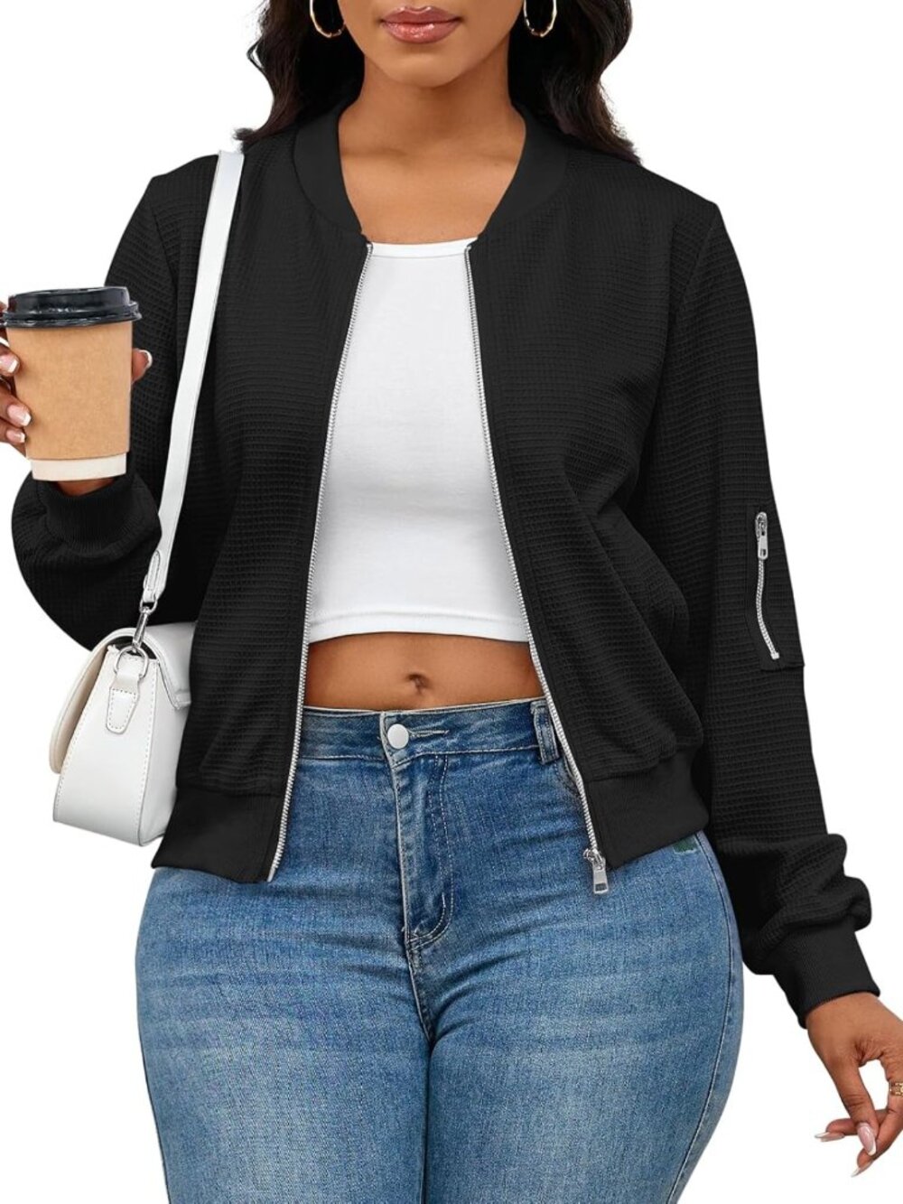 Plus Size Waffle Knit Zip-Up Bomber Jacket - Cozy Fall Cardigan for Women